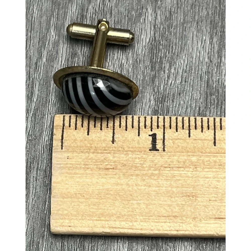 Black White Stripe Oval‎ Cufflinks Mens Gold Tone Domed Cabochon Classic
